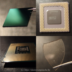 Diamond and CPU's, now still separated, but how much longer will this remain the case? Top left: Thin film N-doped diamond on Si (courtesy of Sankaran Kamatchi). Top right: Very old Pentium 1 CPU from 1993 (100MHz), with µm architecture. Bottom left: more recent intel core CPU (3GHz) of 2006 with nm scale architecture. Bottom right: Piece of single crystal diamond. A possible alternative for silicon, with 20x higher thermal conductivity, and 7x higher mobility of charge carriers.