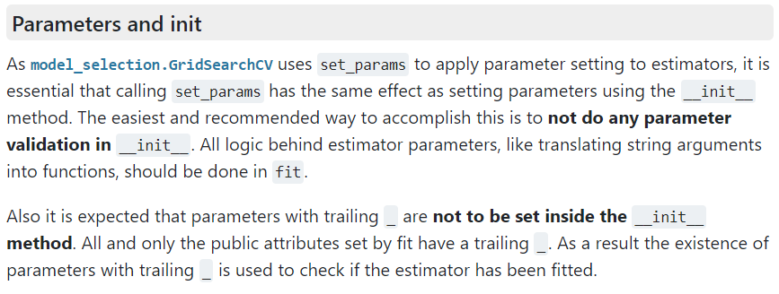 Scikit-learn manual section of parameter initialization of classes