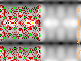 Calculated STM-image of Pt-induced nanowires on a Ge(001) surface. Simulated bias is -1.5V. Countours and atomic positions were also added by the HIVE-STM program.